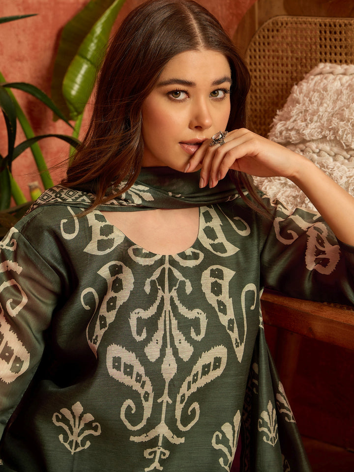 Ikkat Printed Chanderi Straight Kurta Pant Dupatta Set