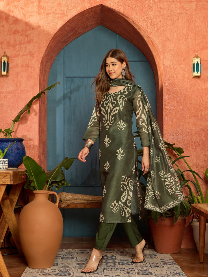 Ikkat Printed Chanderi Straight Kurta Pant Dupatta Set