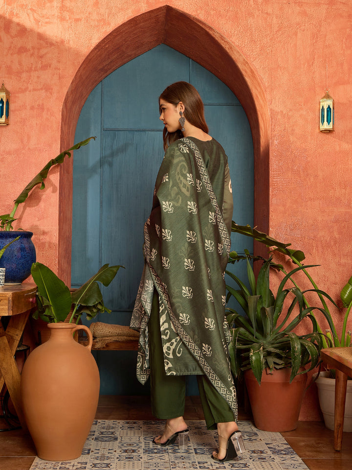 Ikkat Printed Chanderi Straight Kurta Pant Dupatta Set