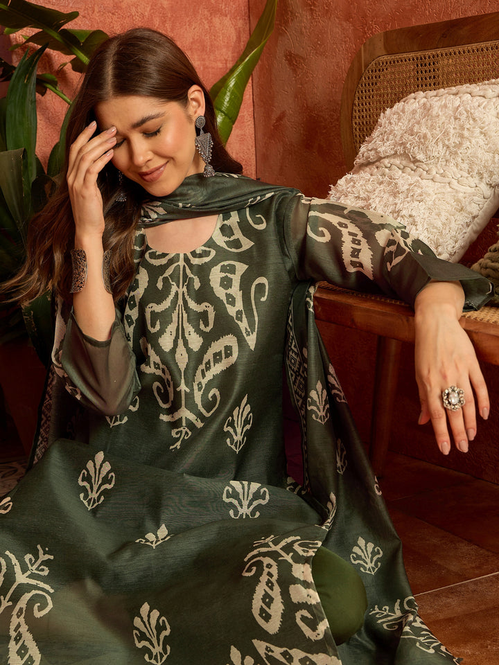 Ikkat Printed Chanderi Straight Kurta Pant Dupatta Set