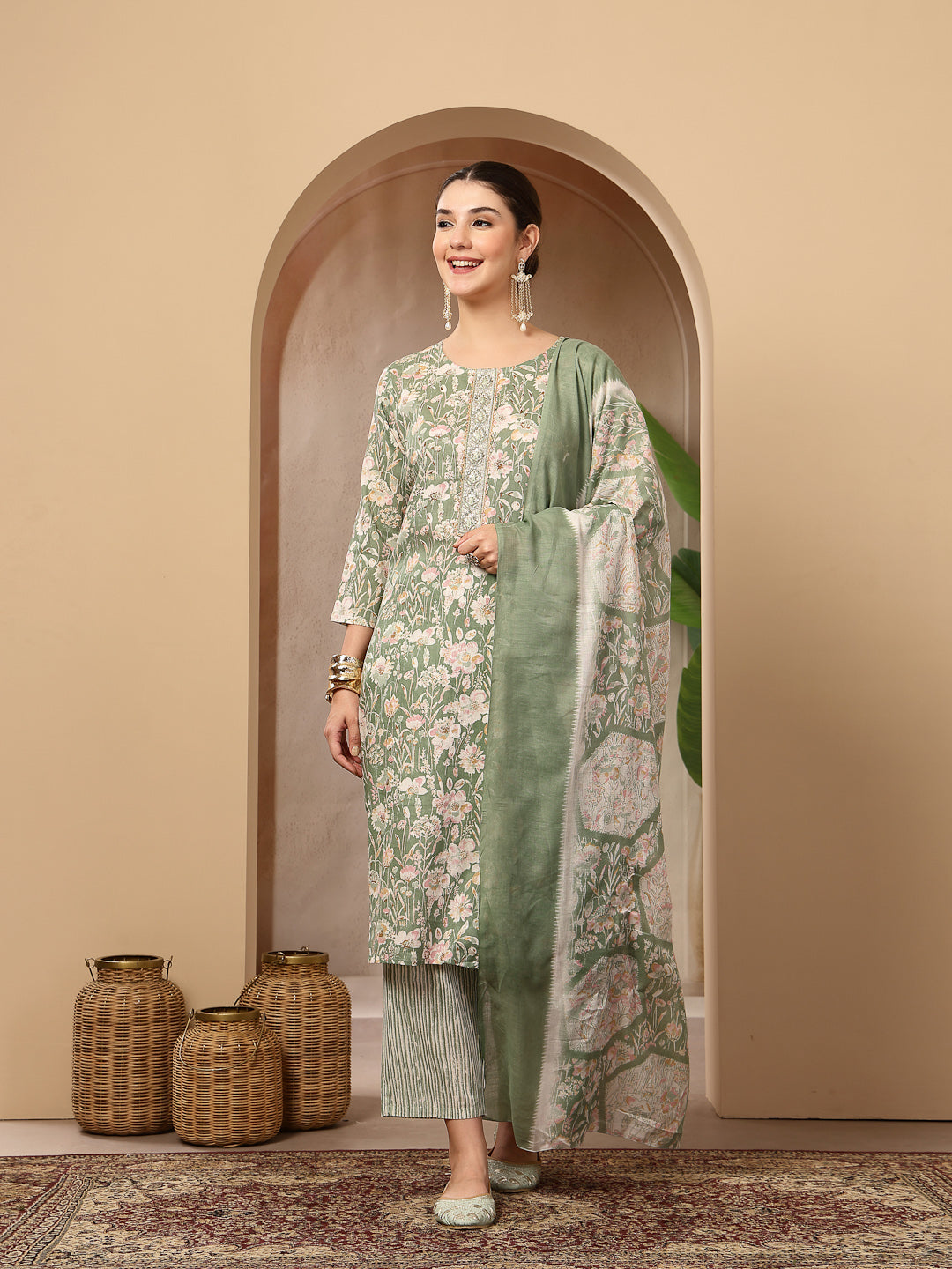 Floral Printed Cotton Straight Kurta Pant Dupatta Set