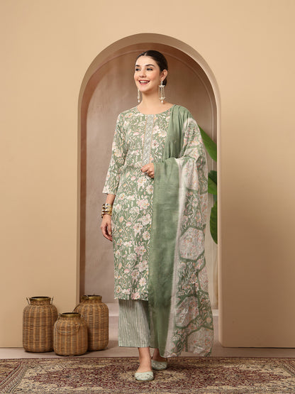 Floral Printed Cotton Straight Kurta Pant Dupatta Set