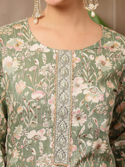 Floral Printed Cotton Straight Kurta Pant Dupatta Set