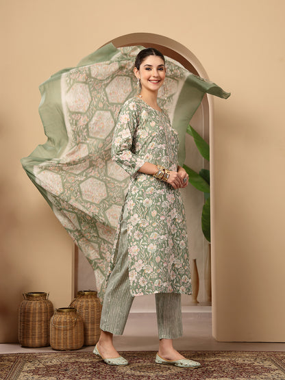 Floral Printed Cotton Straight Kurta Pant Dupatta Set
