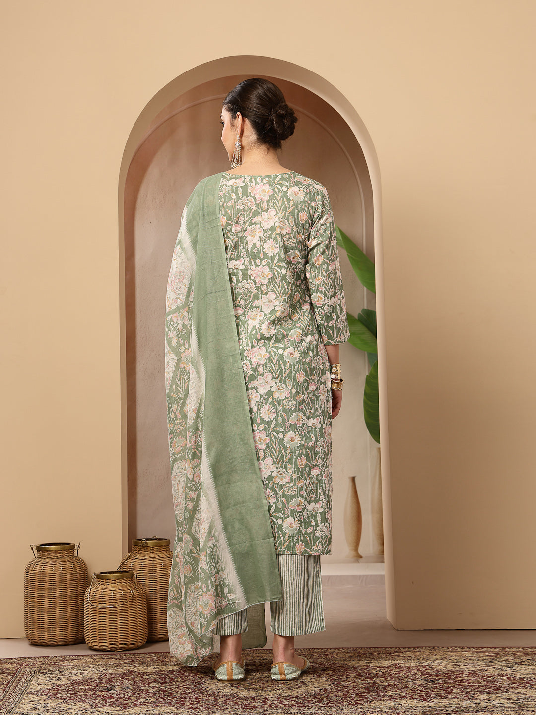Floral Printed Cotton Straight Kurta Pant Dupatta Set