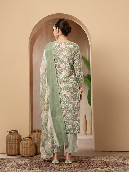 Floral Printed Cotton Straight Kurta Pant Dupatta Set