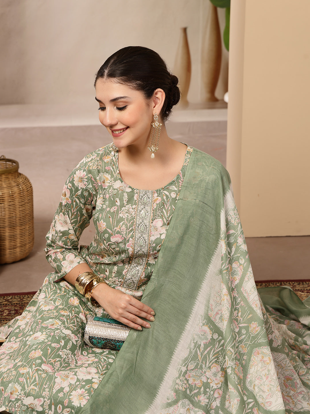 Floral Printed Cotton Straight Kurta Pant Dupatta Set