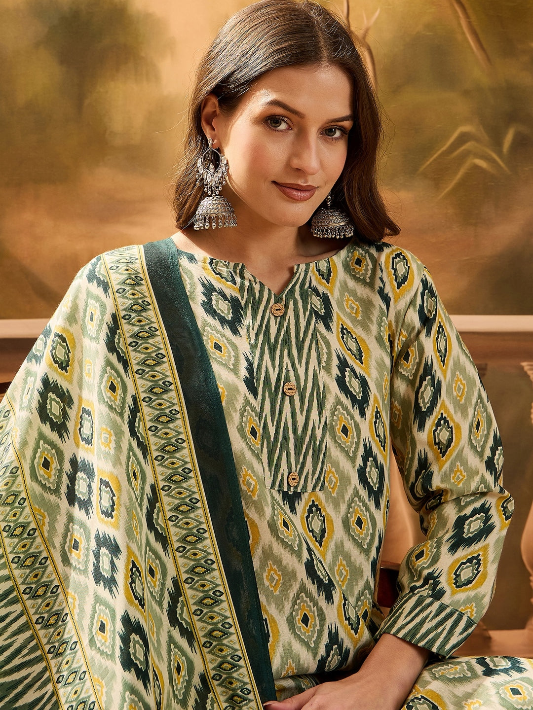 Green Geometric Printed Cotton Blend Straight Kurta Pant Dupatta Set (Pre-Order)