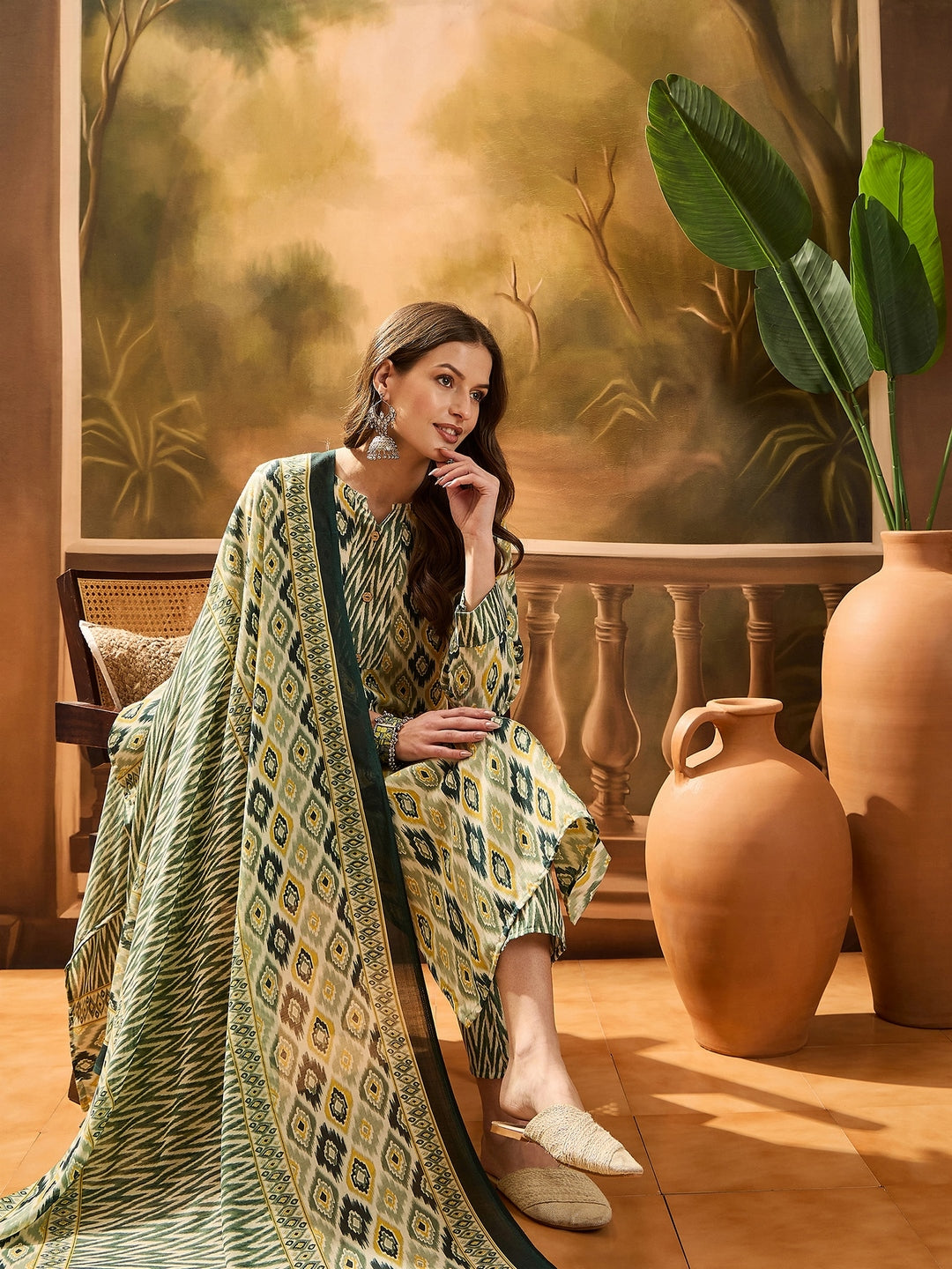 Green Geometric Printed Cotton Blend Straight Kurta Pant Dupatta Set (Pre-Order)