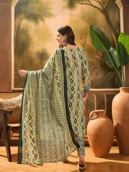 Green Geometric Printed Cotton Blend Straight Kurta Pant Dupatta Set (Pre-Order)