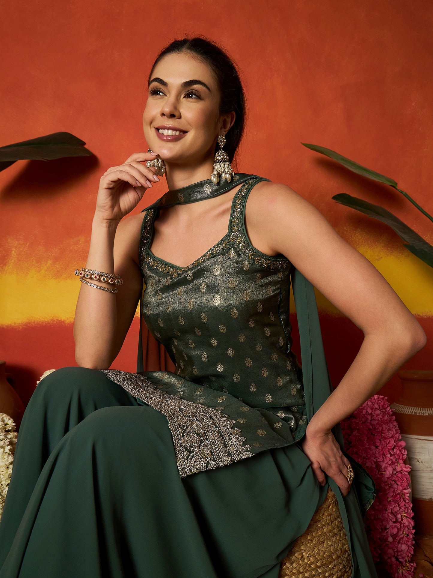 Woven Design & Embroidered Brocade Straight Kurti Palazzo Dupatta Set Set