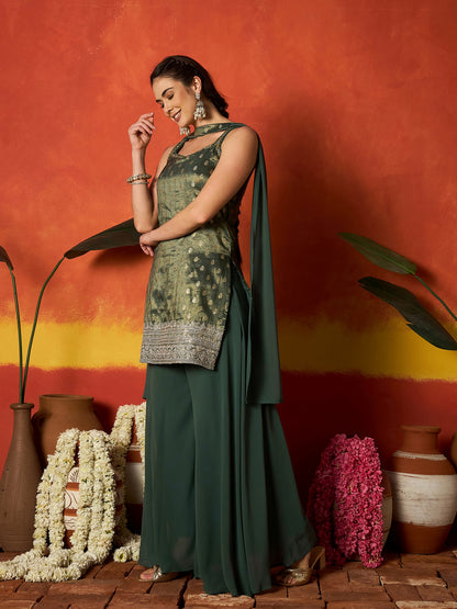 Woven Design & Embroidered Brocade Straight Kurti Palazzo Dupatta Set Set