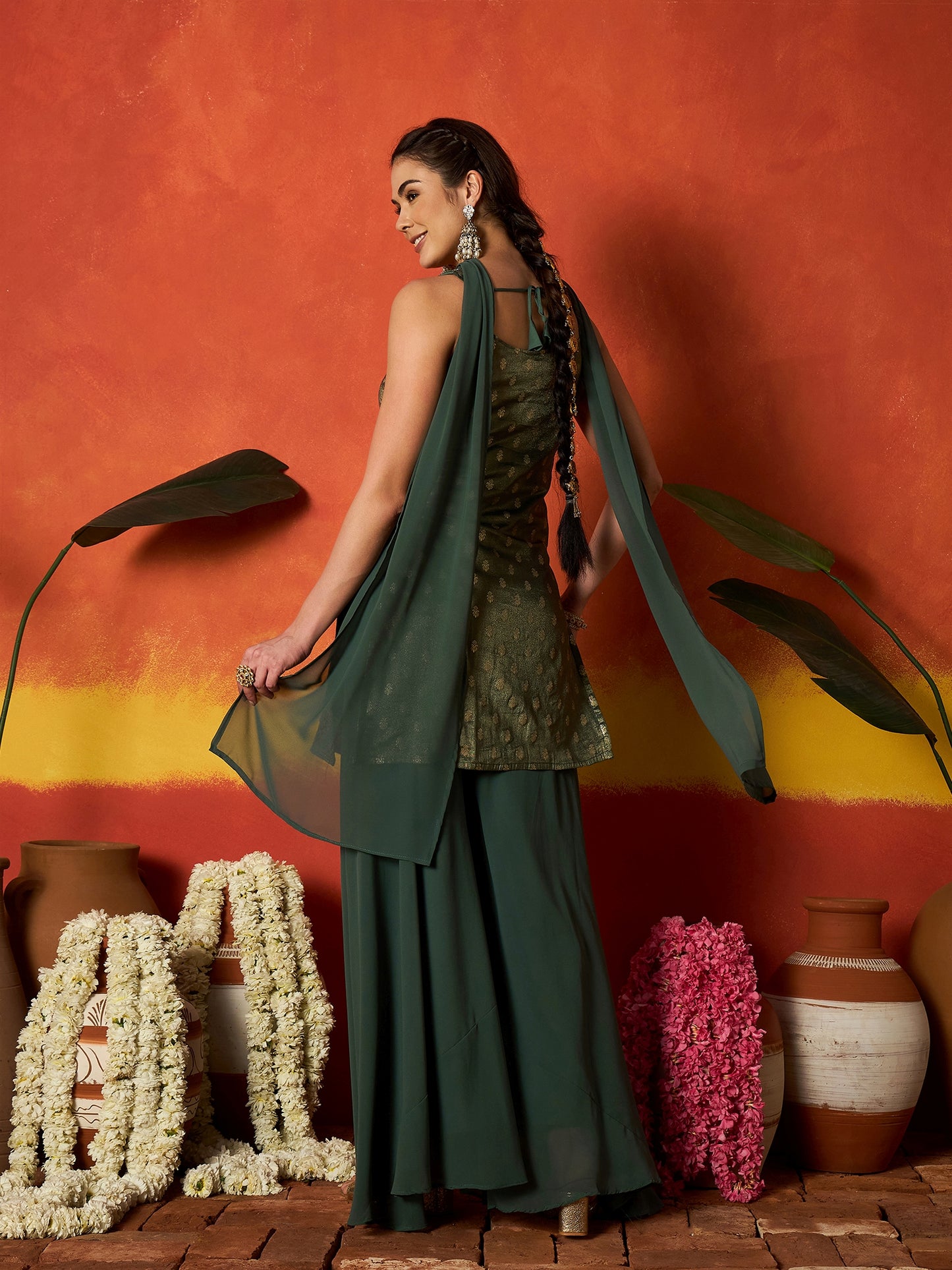 Woven Design & Embroidered Brocade Straight Kurti Palazzo Dupatta Set Set