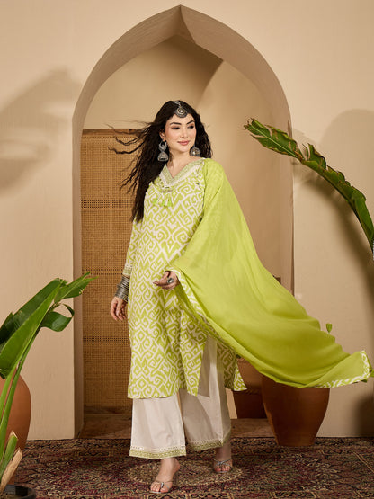 Ikat Printed Cotton Straight Kurta Palazzo Dupatta Set