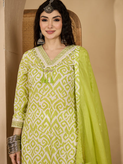 Ikat Printed Cotton Straight Kurta Palazzo Dupatta Set