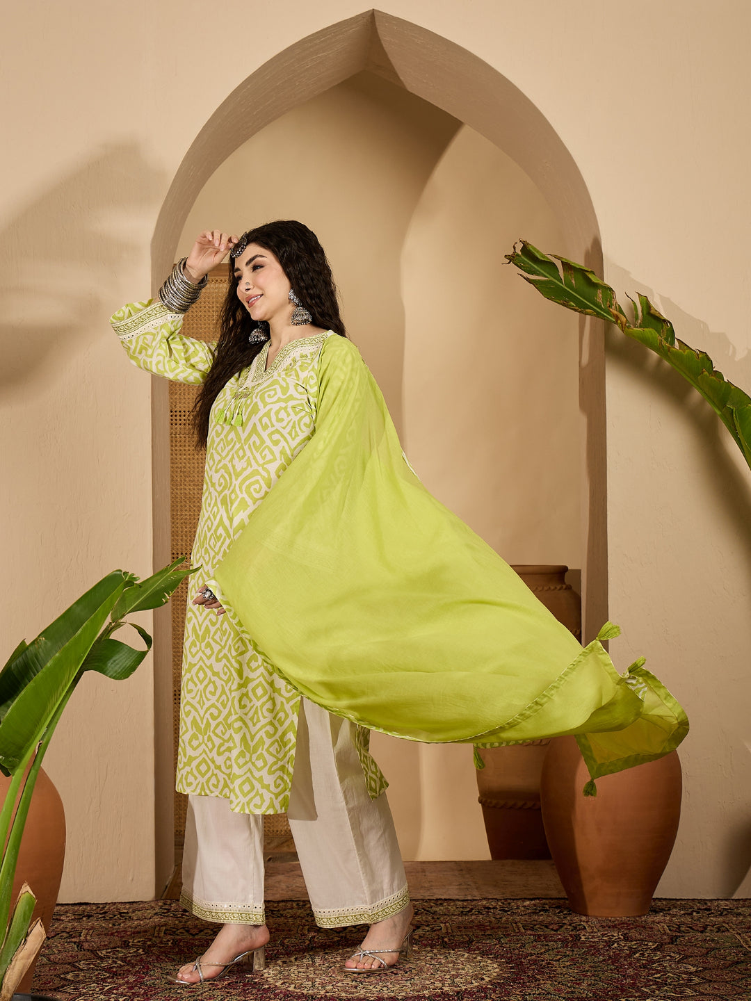 Ikat Printed Cotton Straight Kurta Palazzo Dupatta Set
