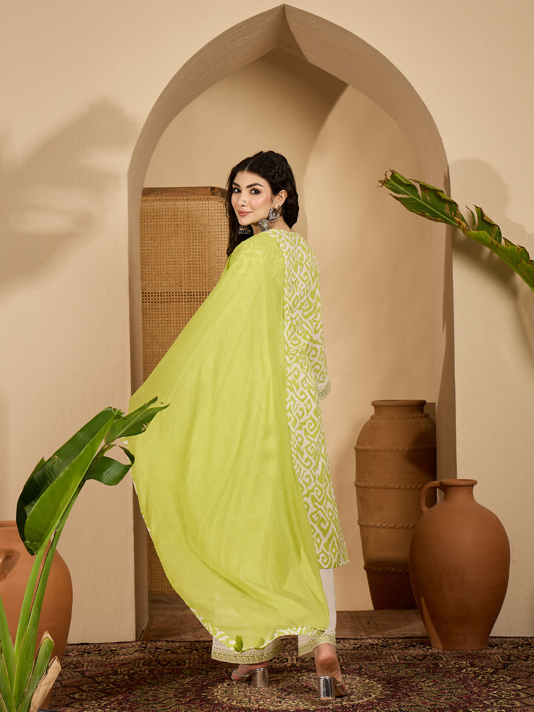 Ikat Printed Cotton Straight Kurta Palazzo Dupatta Set