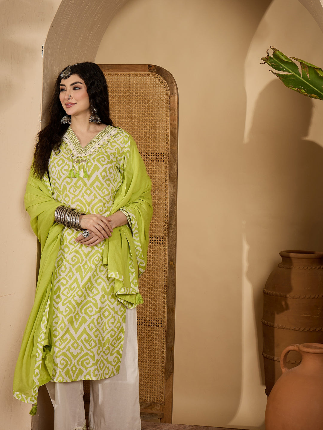 Ikat Printed Cotton Straight Kurta Palazzo Dupatta Set