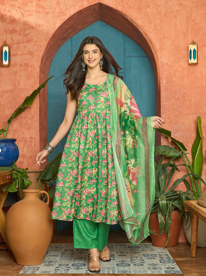 Floral Printed Rayon Flared Kurta Palazzo Dupatta Set