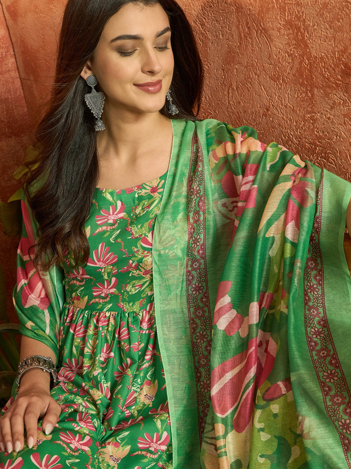 Floral Printed Rayon Flared Kurta Palazzo Dupatta Set