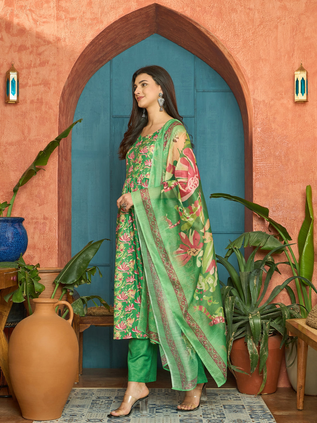 Floral Printed Rayon Flared Kurta Palazzo Dupatta Set