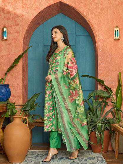 Floral Printed Rayon Flared Kurta Palazzo Dupatta Set