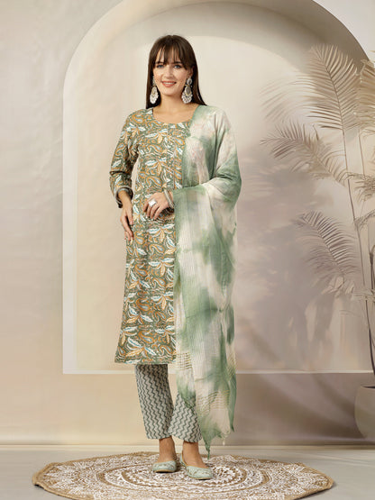 Green Tropical Printed Cotton Blend Straight Kurta Pant Dupatta Set (Pre-Order)