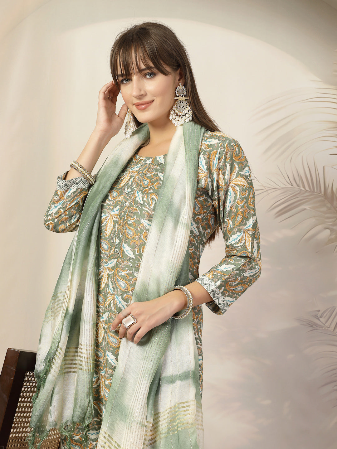 Green Tropical Printed Cotton Blend Straight Kurta Pant Dupatta Set