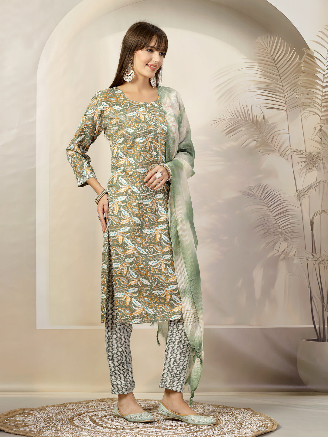Green Tropical Printed Cotton Blend Straight Kurta Pant Dupatta Set