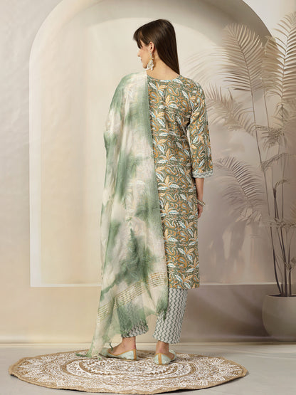 Green Tropical Printed Cotton Blend Straight Kurta Pant Dupatta Set (Pre-Order)