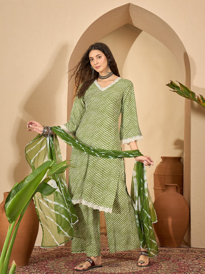 Leheriya Printed Rayon Straight Kurta Palazzo Dupatta Set