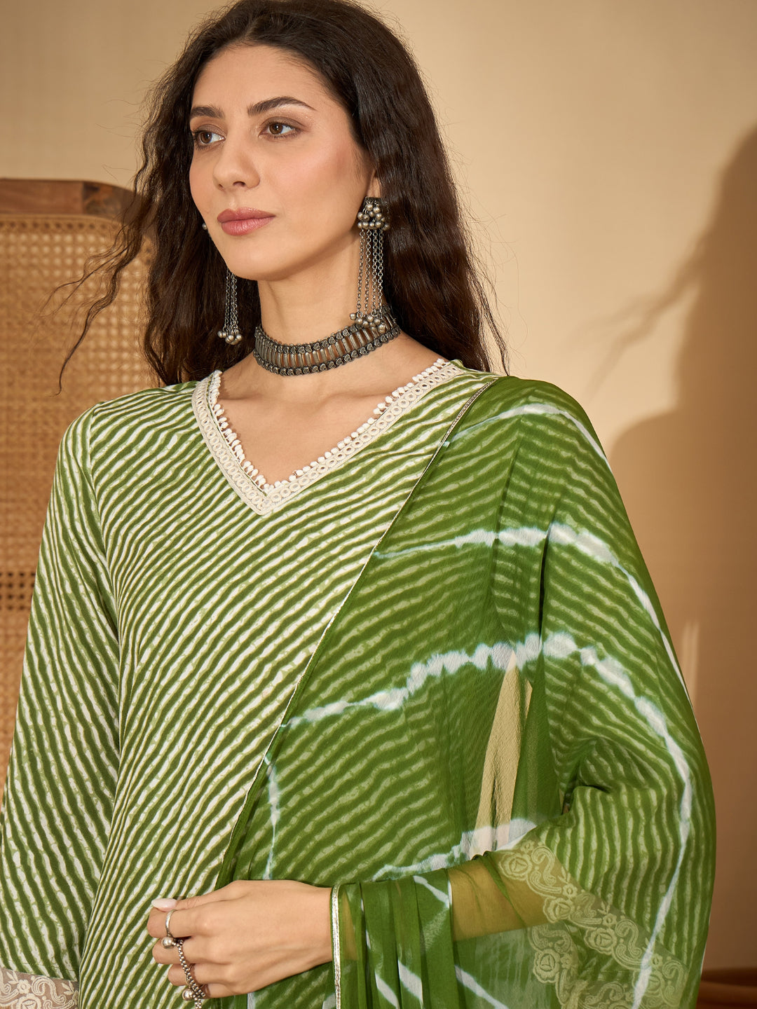 Leheriya Printed Rayon Straight Kurta Palazzo Dupatta Set