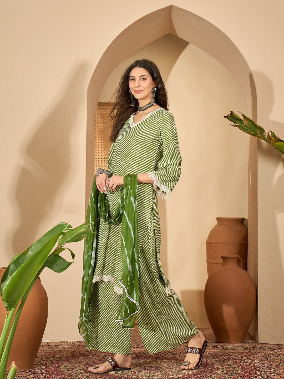 Leheriya Printed Rayon Straight Kurta Palazzo Dupatta Set