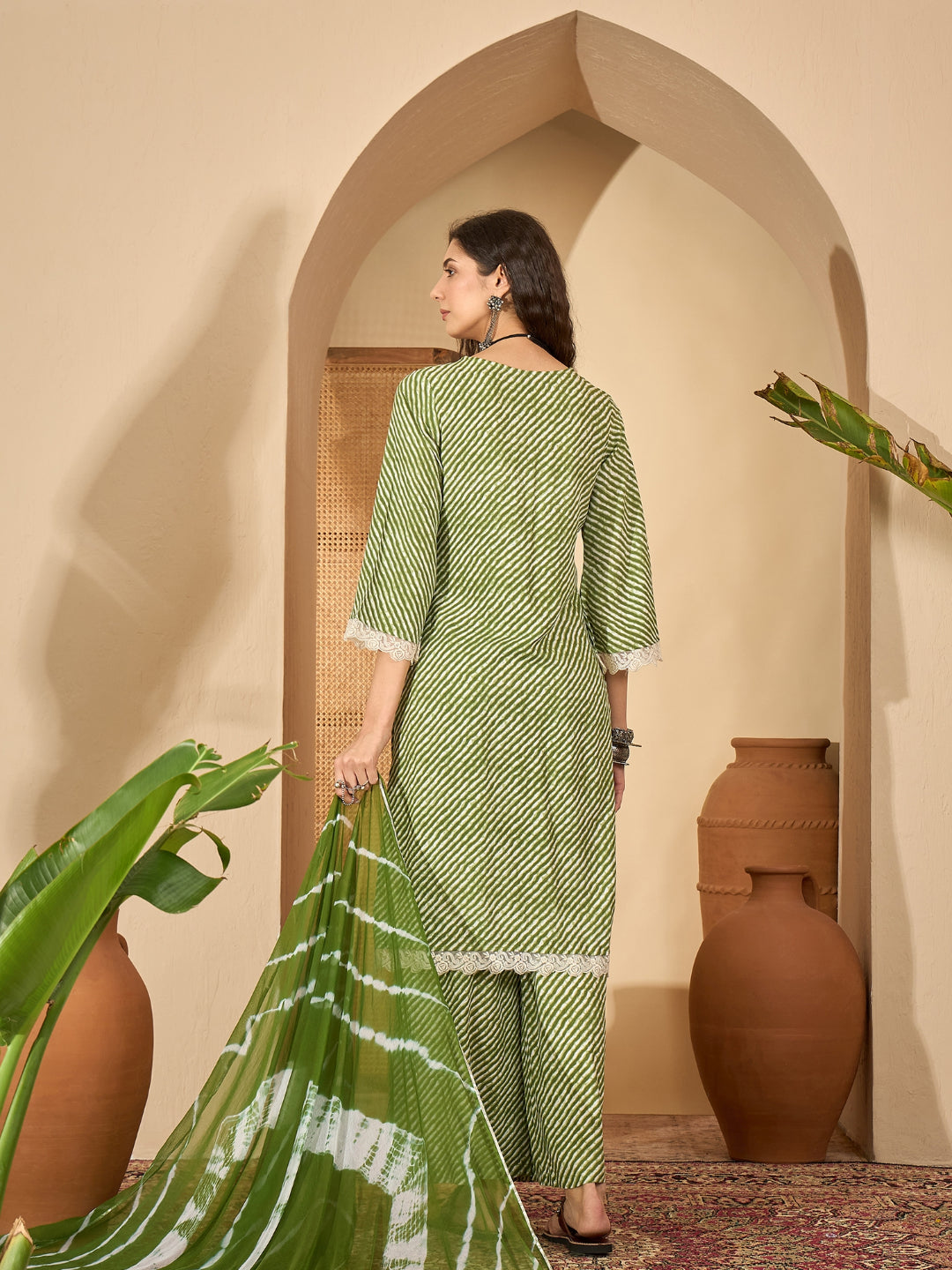 Leheriya Printed Rayon Straight Kurta Palazzo Dupatta Set
