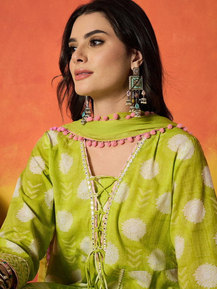 Ethnic Motif Printed Pure Cotton Anarkali Kurta Pant Dupatta Set