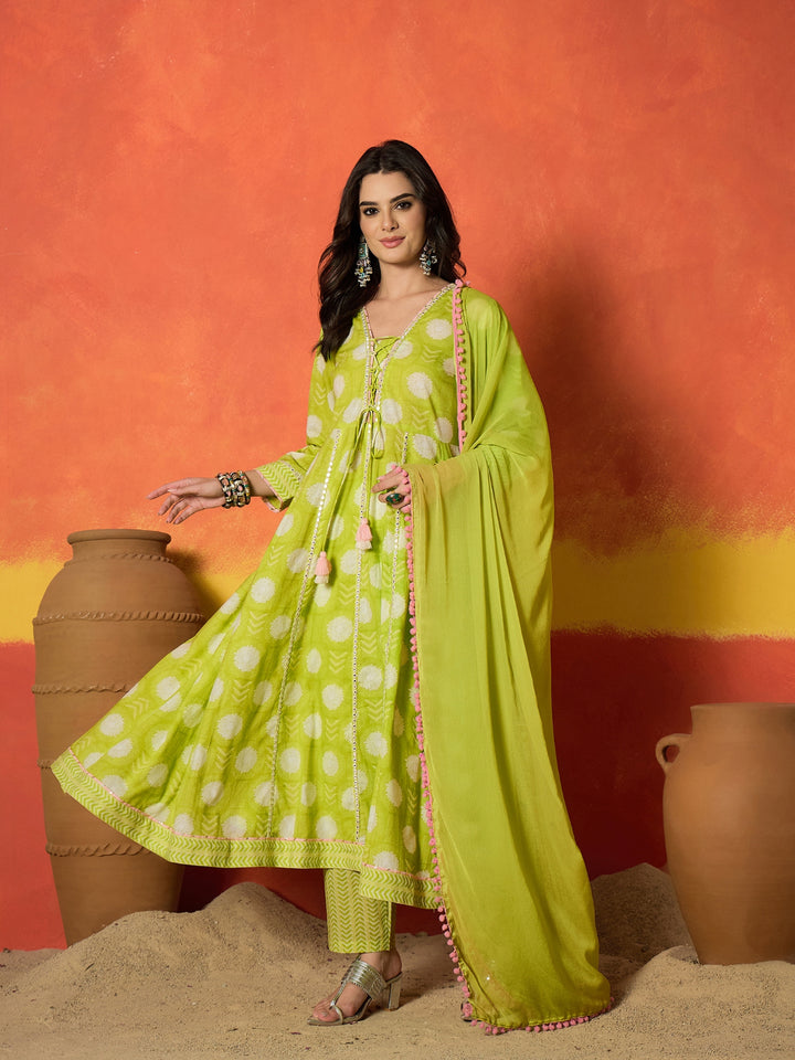 Ethnic Motif Printed Pure Cotton Anarkali Kurta Pant Dupatta Set