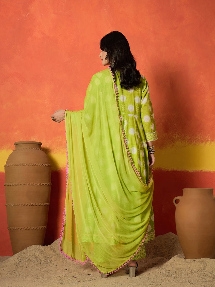 Ethnic Motif Printed Pure Cotton Anarkali Kurta Pant Dupatta Set
