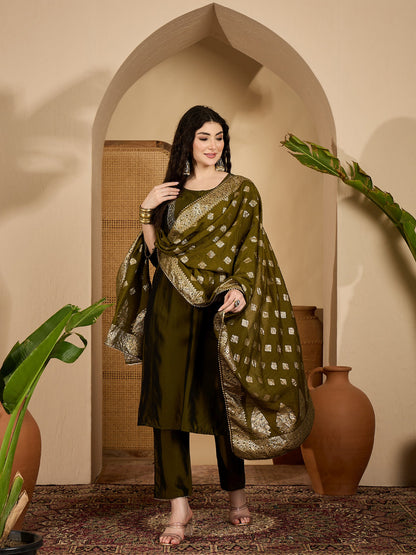 Green Solid Roman Silk Straight Kurta Pant Dupatta Set