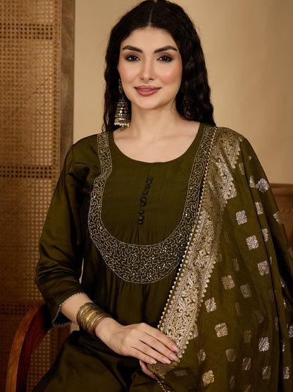 Green Solid Roman Silk Straight Kurta Pant Dupatta Set