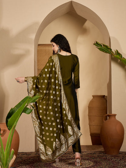 Green Solid Roman Silk Straight Kurta Pant Dupatta Set