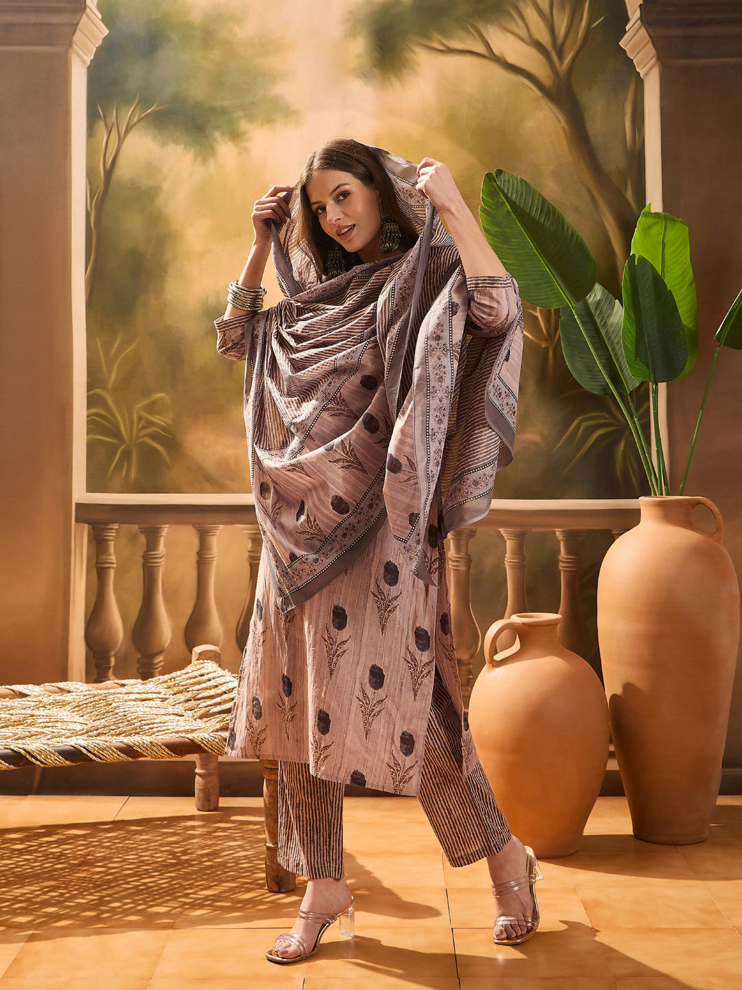 Floral Printed Cotton Blend Straight Kurta Pant Dupatta Set