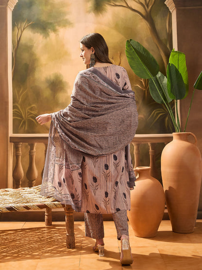 Floral Printed Cotton Blend Straight Kurta Pant Dupatta Set