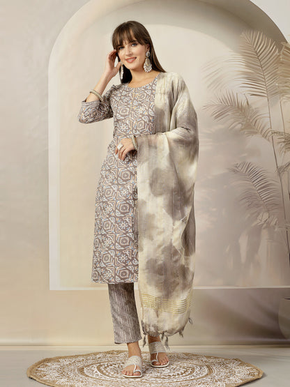 Grey Ethnic Printed Cotton Blend Straight Kurta Pant Dupatta Set (Pre-Order)