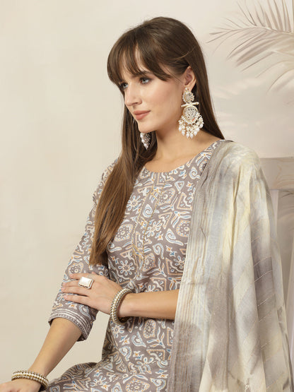 Grey Ethnic Printed Cotton Blend Straight Kurta Pant Dupatta Set (Pre-Order)