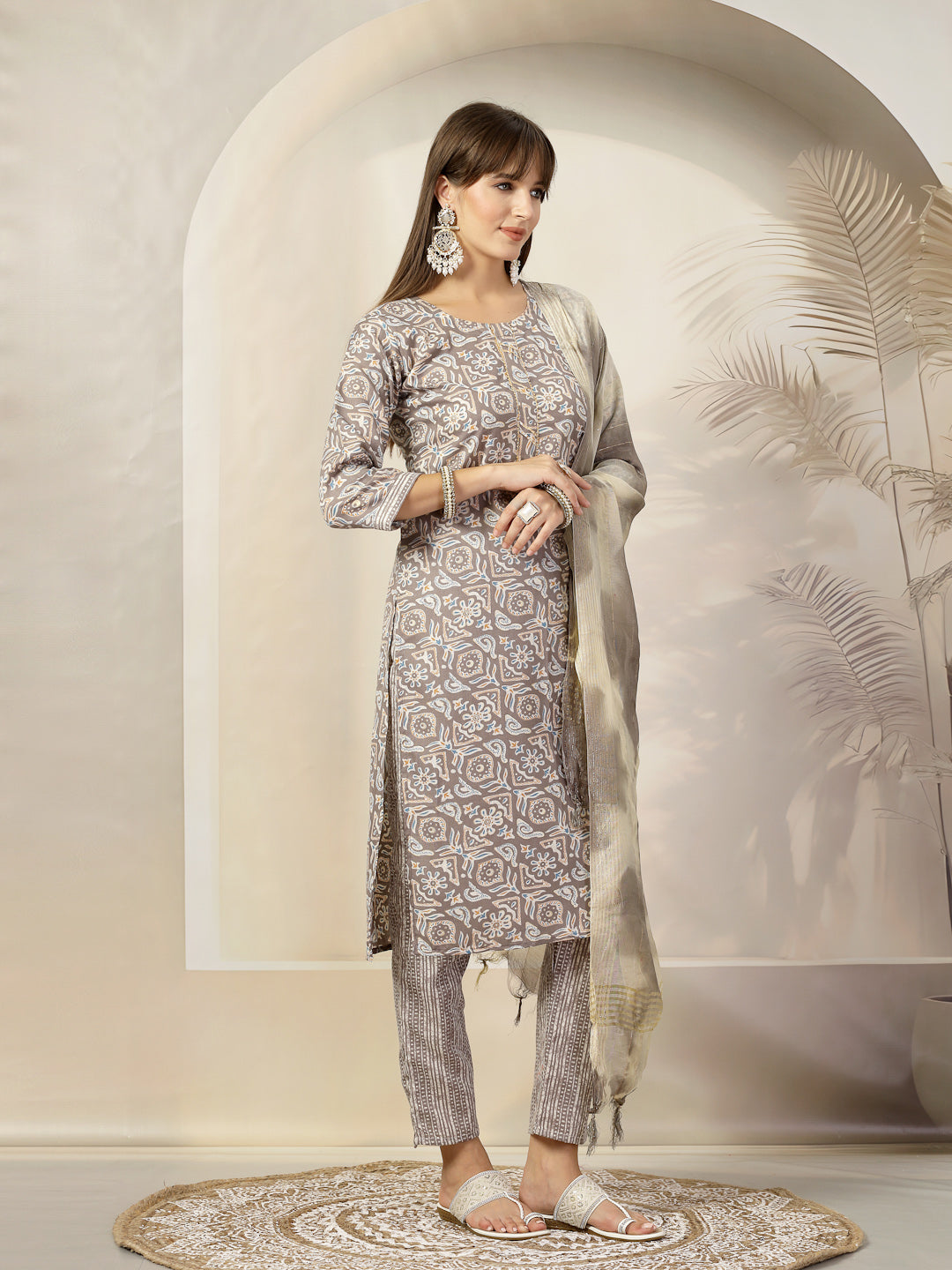 Grey Ethnic Printed Cotton Blend Straight Kurta Pant Dupatta Set (Pre-Order)