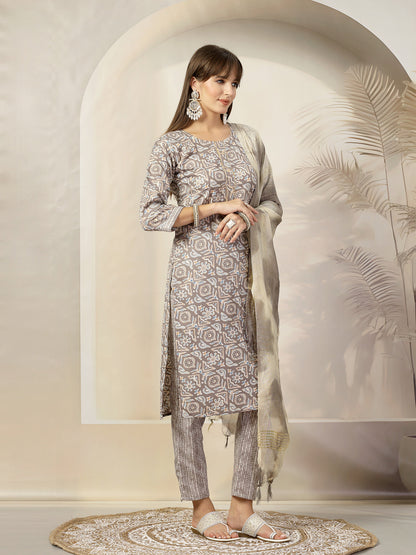 Grey Ethnic Printed Cotton Blend Straight Kurta Pant Dupatta Set (Pre-Order)
