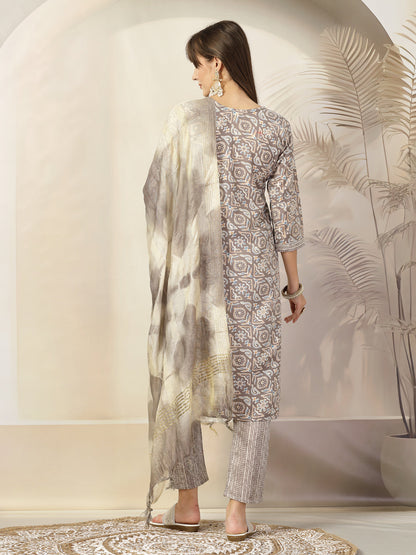 Grey Ethnic Printed Cotton Blend Straight Kurta Pant Dupatta Set (Pre-Order)