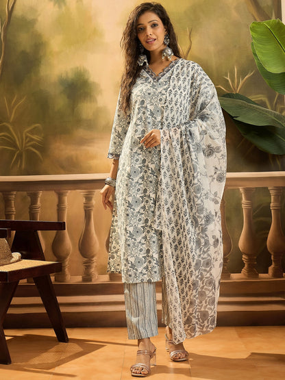 Grey Floral Printed Cotton Straight Kurta Pant Dupatta Set (Pre-Order)