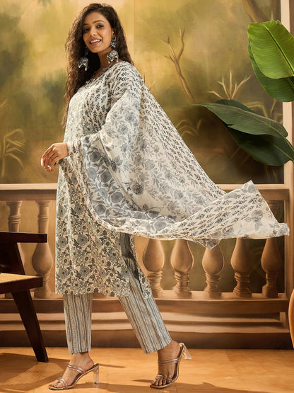 Grey Floral Printed Cotton Straight Kurta Pant Dupatta Set (Pre-Order)