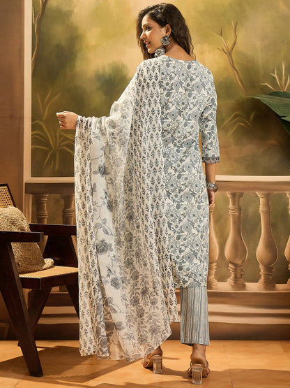 Grey Floral Printed Cotton Straight Kurta Pant Dupatta Set